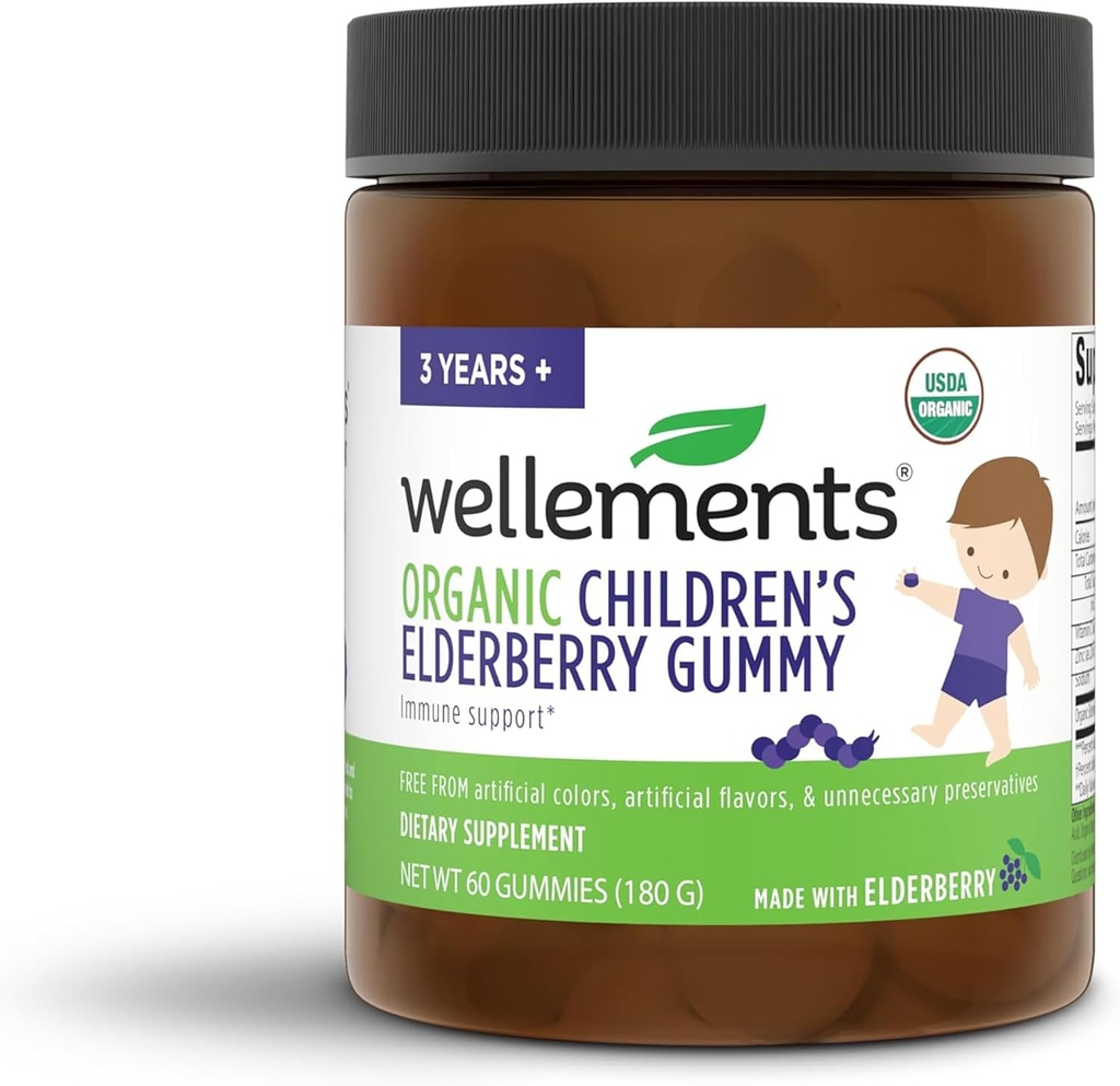 Wellements Organic Kinder Elderberry Gummy | Tägliche Kinder Immune Support Gummis*, Hergestellt mit Vitamin C und Zink, USDA Certified Organic, Keine künstlichen Farben | 2 Jahre +, 60 Zähler