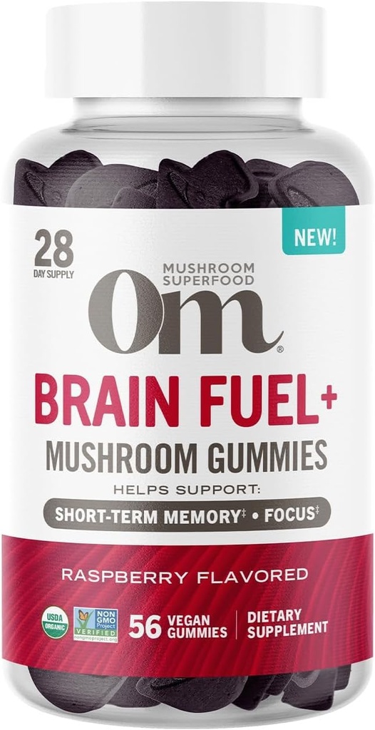 Om Mushroom Superfood Brain Fuel+ Gummis, 28 Servierungen, Raspberry Gummy Supplement mit Lion's Mane für Gedächtnis und Fokus