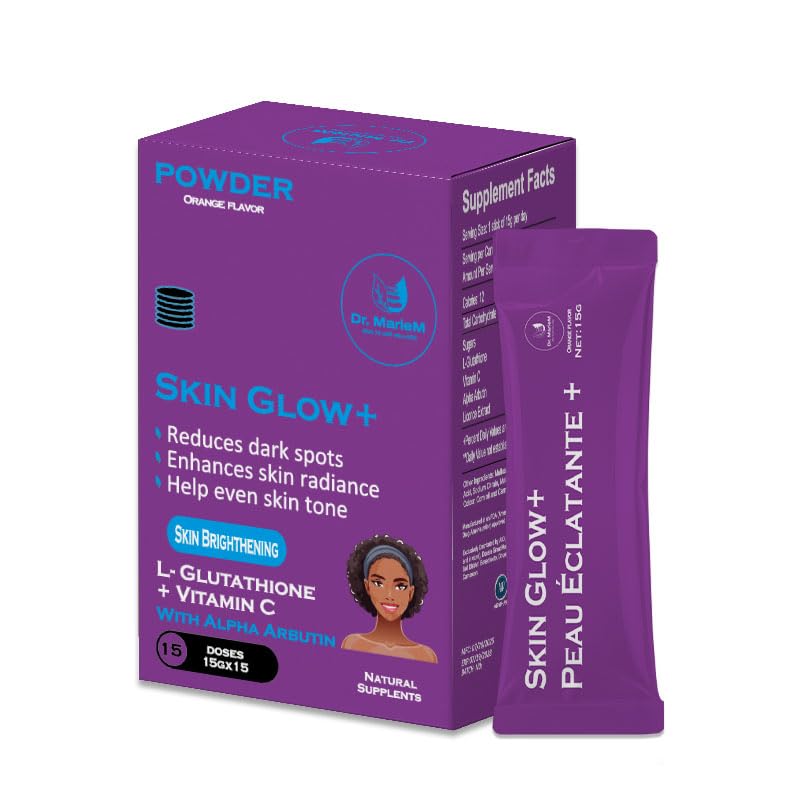 Skin Glow+ Brightening Powder - Supplement – 1000mg L-Glutathione + 500mg Vitamin C with 200mg Alpha Arbutin – Reduces Dark Spots, Evens Skin Tone – Orange Flavor – 15g/stick
