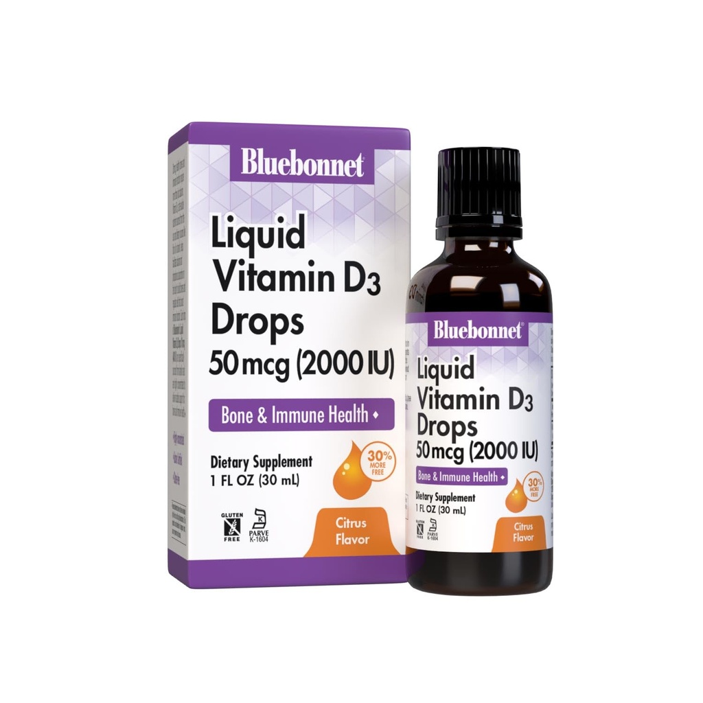 Bluebonnet Vitamin D3 2000IU 50mcg Strong Bones & Immune Support Supplement - Liquid Vitamins for Women & Men - Lanolin Vit D Drops with MCT Oil - Non-GMO, Vegetarian - Citrus Flavor - 1 Fl Oz
