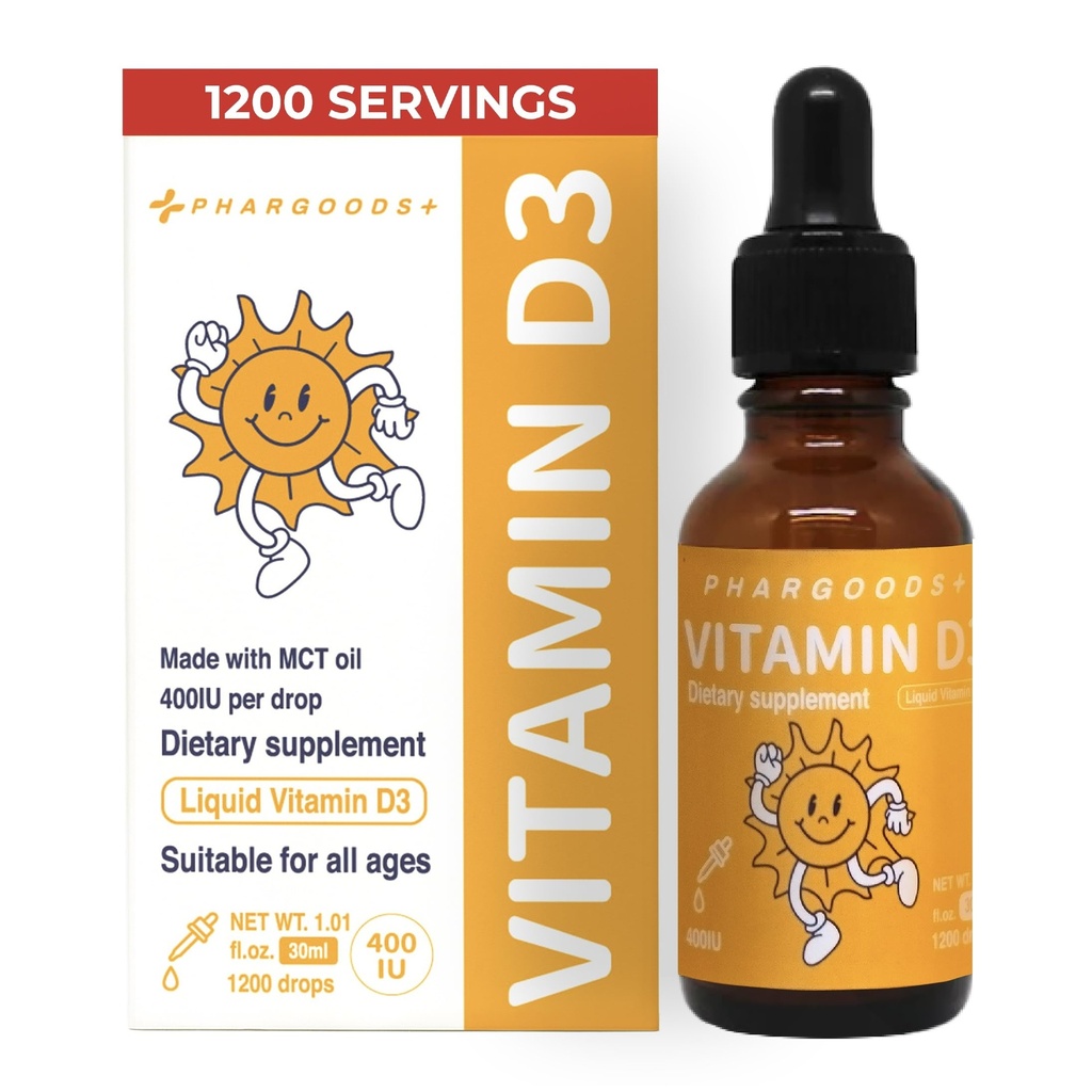 Baby Vitamin D3 Drops-400IU per Drop-1200 Servings-Safe for Newborns&Kids-Supports Immune&Bone Health-30ml