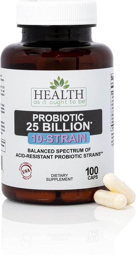 Health As It Ought To Be Probiotic (10 Strain) 25 Billion CFUs Supplement | Physician Formulated Balanced Spectrum of Acid|Resistant Probiotic Strains | 100 Veggie Caps