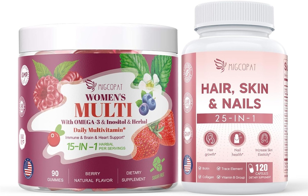 Donne Multivitamina Gummies & Hair, Pelle & Nails Supplemento Bundle, Brain & Heart Support, Gut & Digestion, Hair Growth, Skin Health, Nail Strength