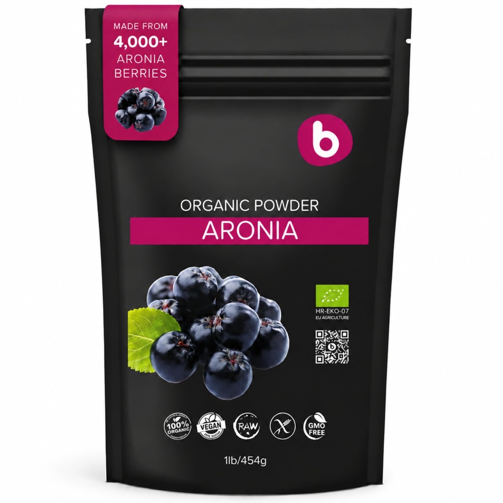 b Organic Aronia Berry Powder - Black Chokeberry Superfood High in Anthocyanins & Polyphenole - Unterstützt Immunsystem - Chokeberries Organic Superfood - Aronia Berries - Vegan, Gluten-Free - 1lb