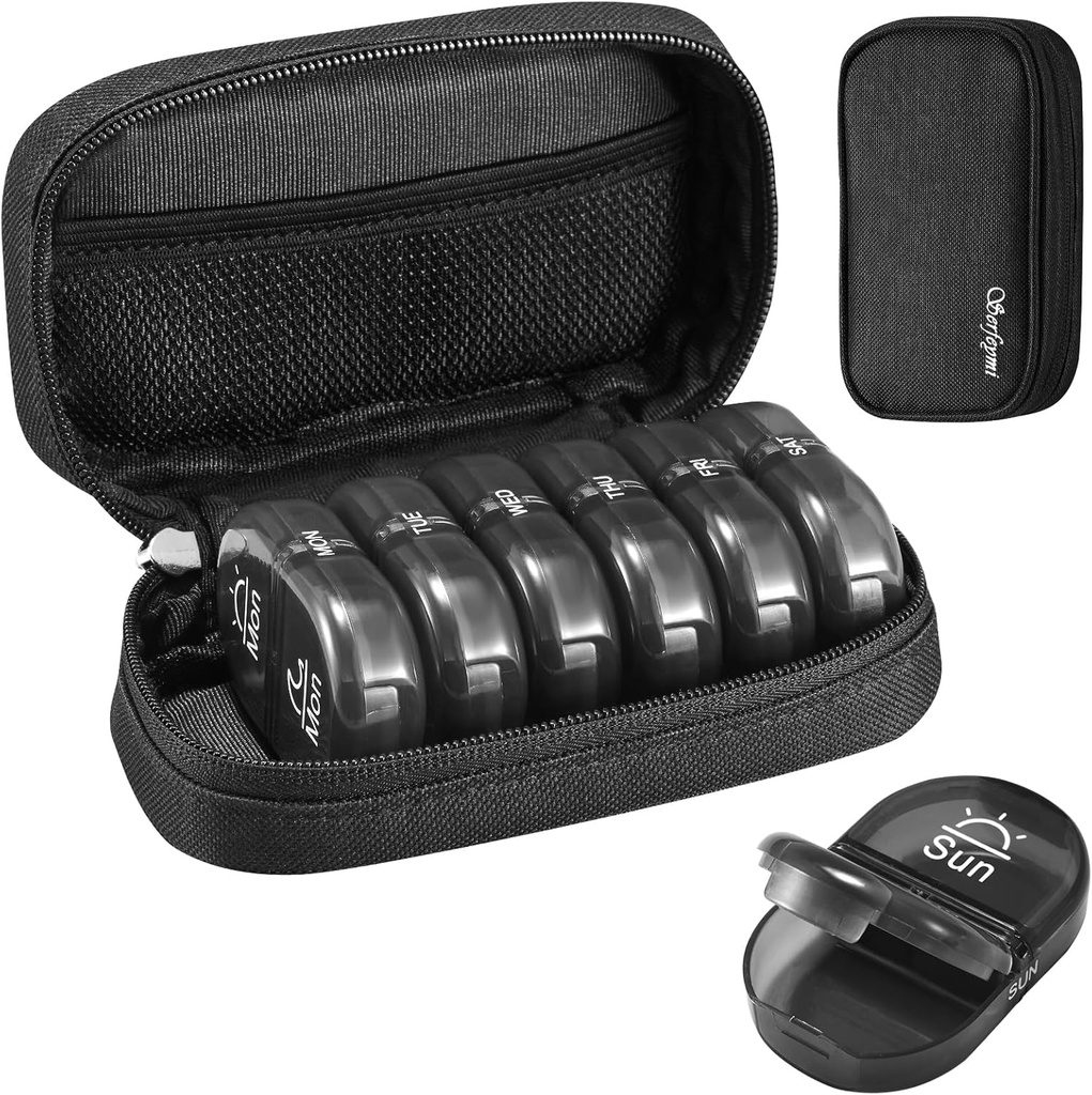 Serfeymi Weekly Travel Pill Organizer 2 fois par jour AM PM Upgraded Black Pill Box 7 Day with Portable Zipper Canvas Pill Case, organisateur de médicaments pour les pilules, vitamines, suppléments, huiles de poisson - Noir 01
