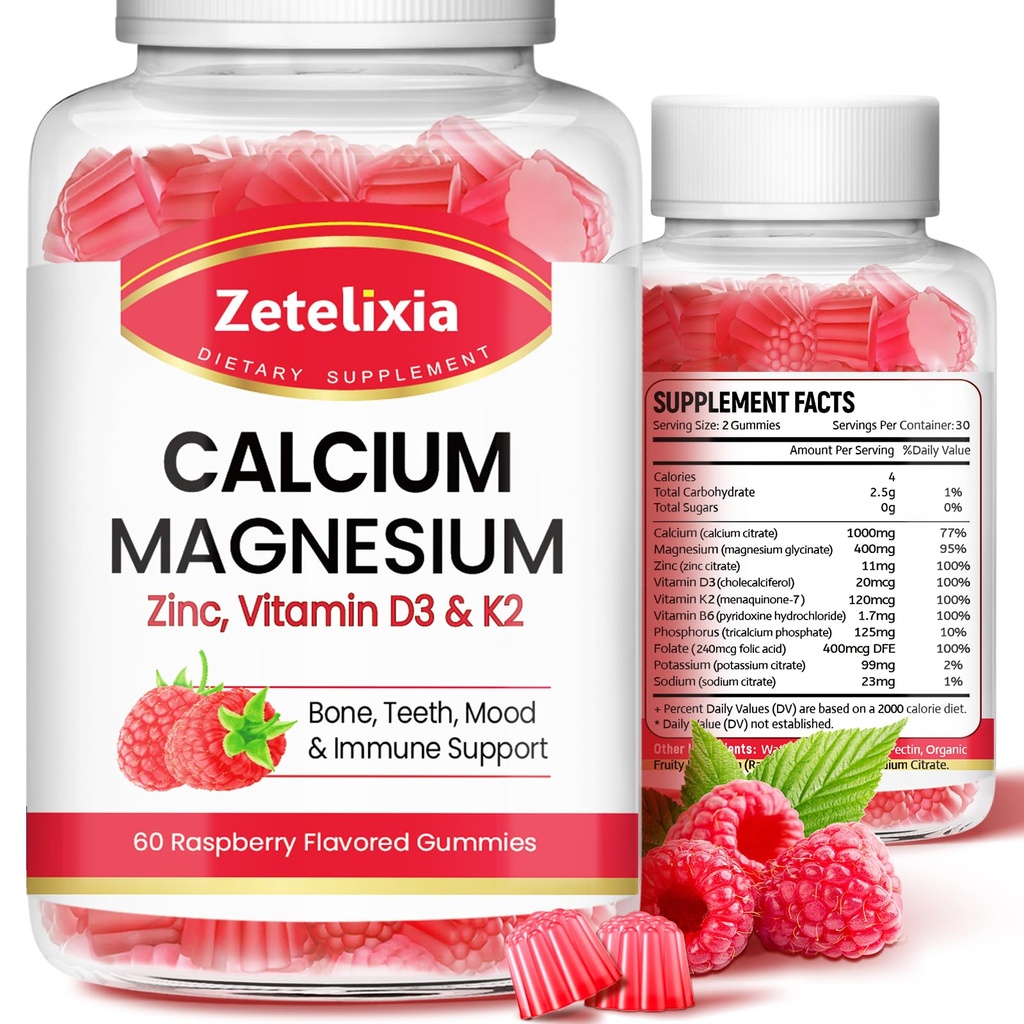 Calcium Magnesium Zinc Gummies with Vitamin D3 & K2, Calcium Gummies for B0nes Muscles, Women & Men, Raspberry Flavor - 120 Count