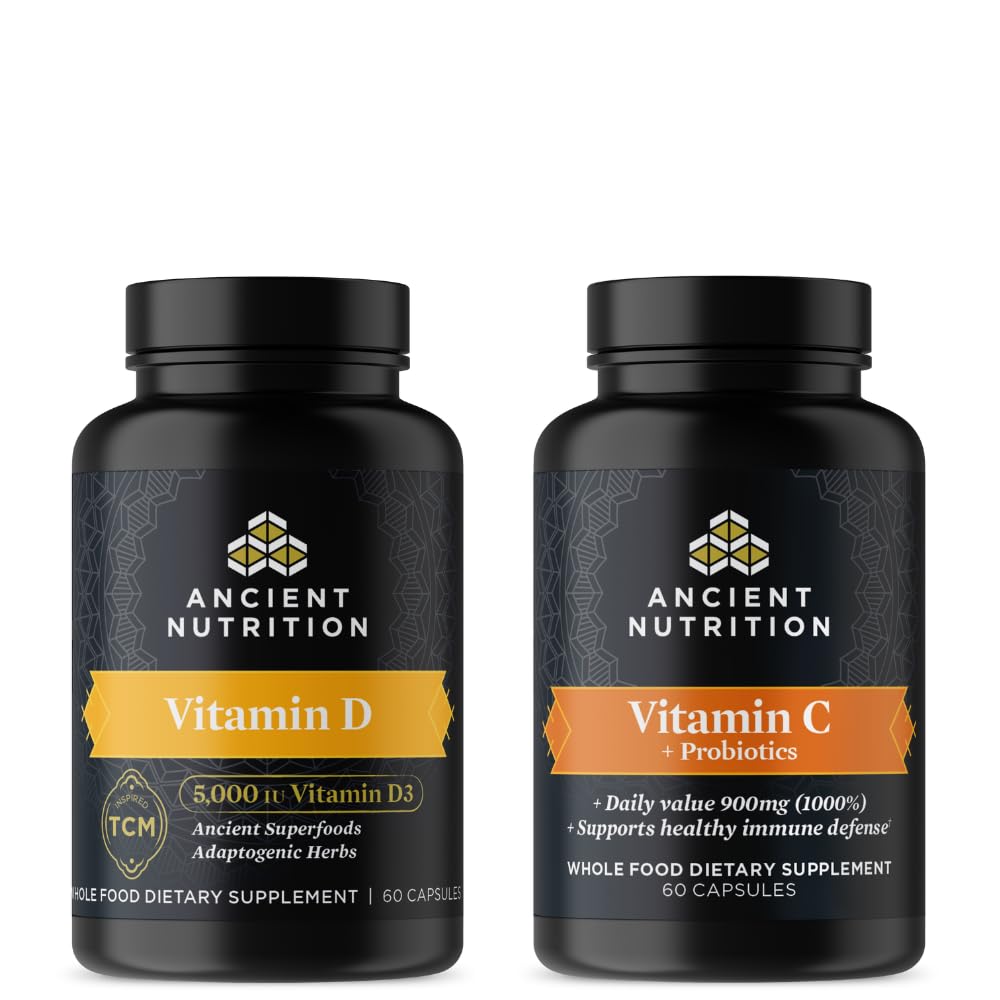 Ancient Nutrition Vitamin D Capsules, 60 Count + Vitamin C Capsules, 60 Count