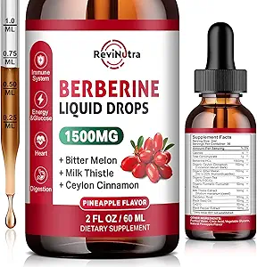 Berberine HCL gouttes liquides, 1500mg Berberine supplément avec cannelle Ceylan, mélône amère, chardon de lait pour immune, système de digestion et santé cardiaque, 2 Fl Oz, saveur d'ananas sans sucre