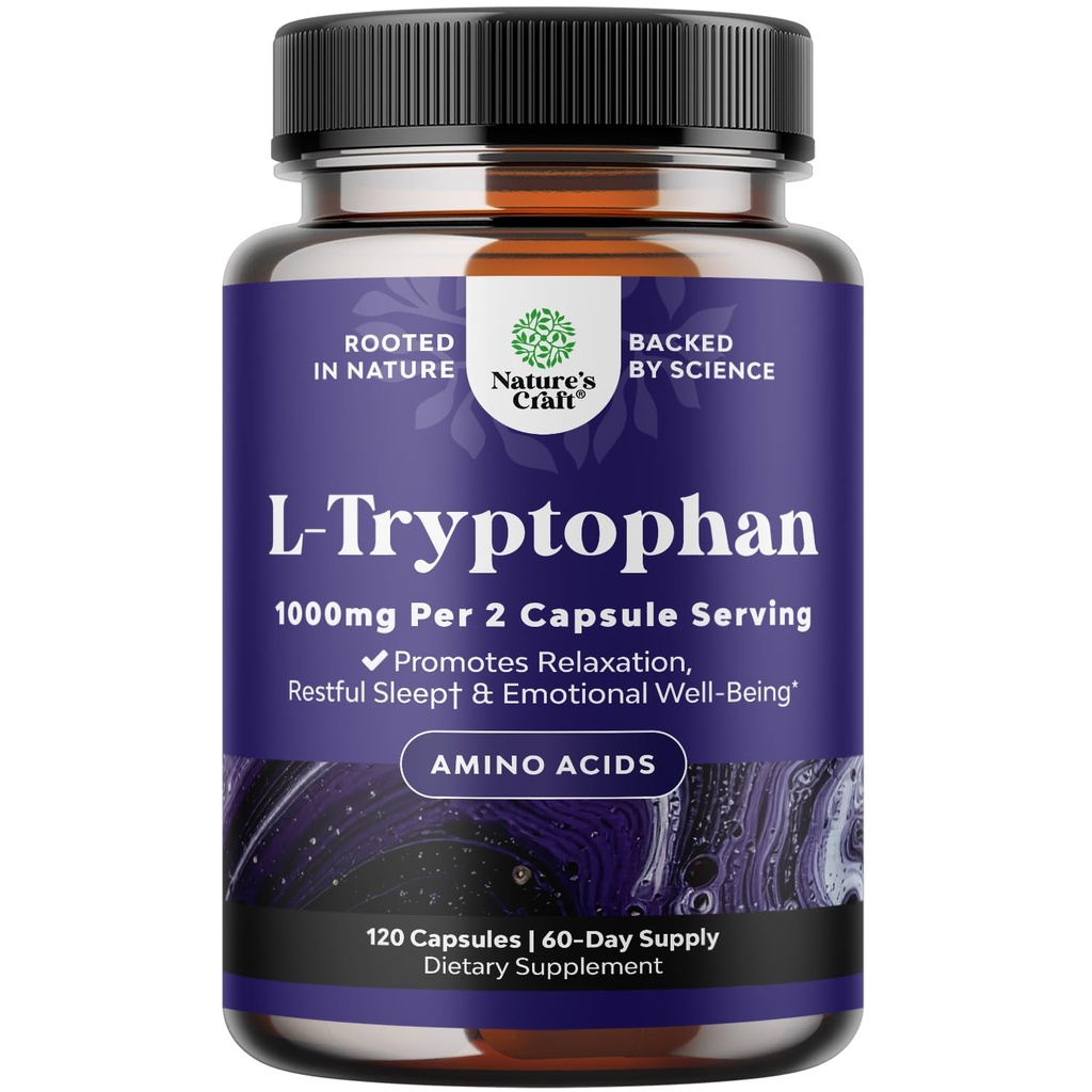 L-Tryptophan Capsules 1000mg per Serving - L Tryptophan Supplement for Sleep, Promotes Relaxation & Emotional Well-Being for Women & Men - Potent Pure Mood Support Supplement for Adults - 120 Count