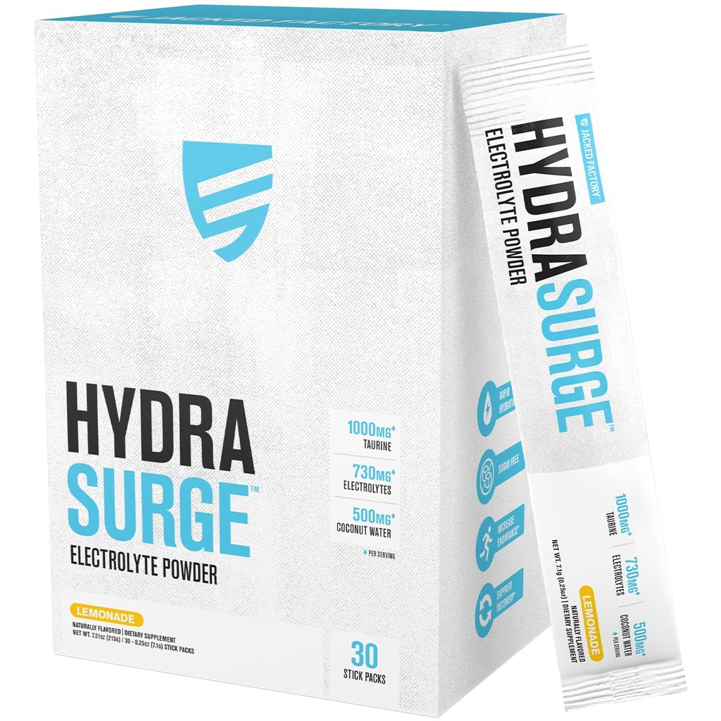 Jacked Factory Hydrasurge Electrolytes Powder Packets - Sugar Free & Naturally Sweetened Hydration Packets - Keto & Vegan Friendly, Easily Dissolves - 30 Stick Packs, Lemonade