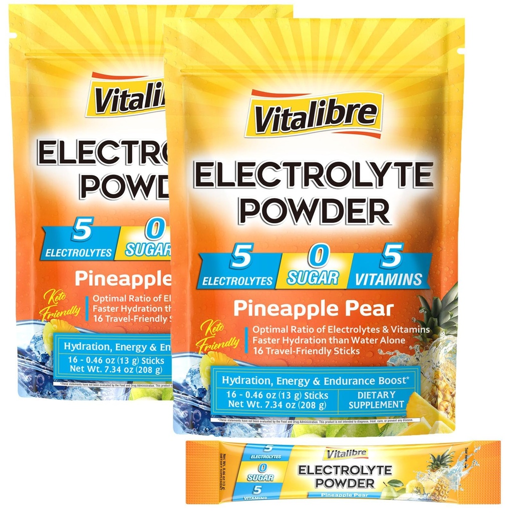 Vitalibre Electrolytes Powder Packets | Magnesium, Potassium, Sodium, Vitamin C | for Rapid Hydration | Zero Sugar & Keto | 32 Stick Packs | Pineapple Pear Flavor