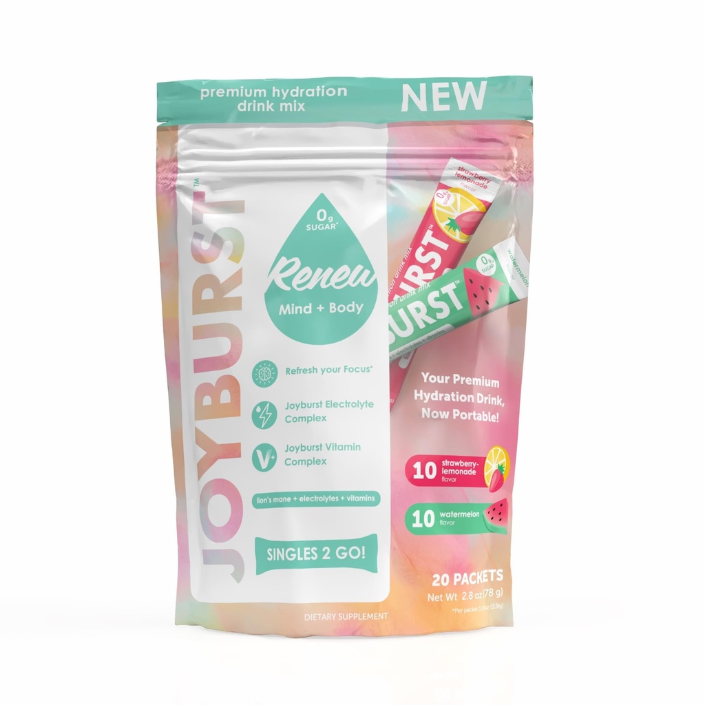 Joyburst Sugar Free Electrolytes Powder Packets, Instant Hydration Drink Mix Sticks, Variety Pack (10 Watermelon, 10 Strawberry Lemonade), Rehydrate On-The-Go, Organic, Natural, Keto Friendly