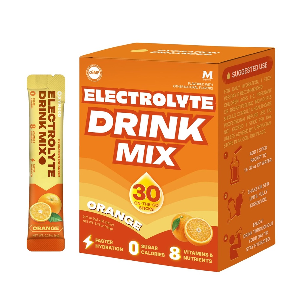 High Sodium Sugar Free Electrolyte Powder Packets, 30 Stick Pack — Hydration Drink Mix with Potassium & Magnesium, Zero Calorie Keto Friendly Hydration Powder, Orange Flavor