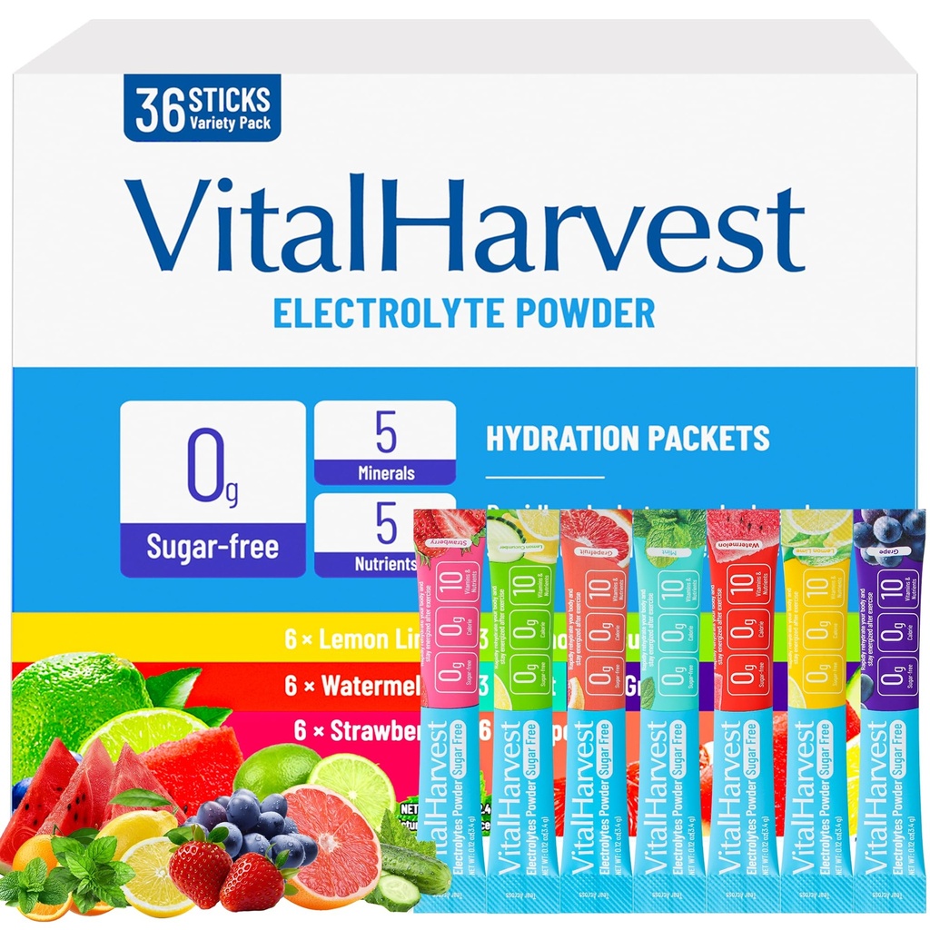 36 Sticks Electrolytes Powder Packets 7 Flavors Sugar Free Hydration Packets Liquid Daily IV Drink Mix, Low Sodium, Lemon Lime, Watermelon, Strawberry, Grape, Grapefruit, Lemon Cucumber, Mint