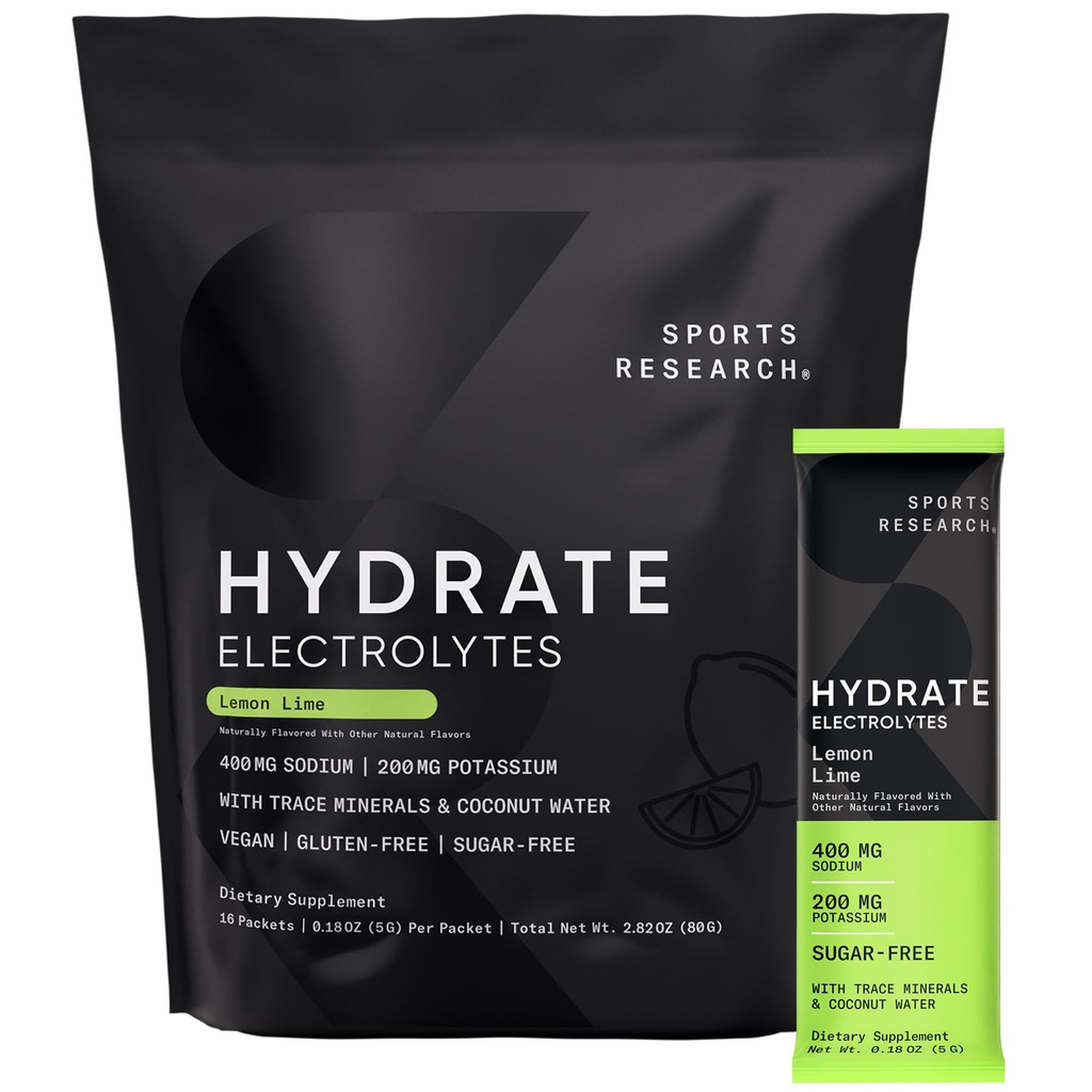 Sports Research Hydrate Electrolytes Powder Packets - Sugar-Free & Naturally Flavored with Vitamins, Minerals, and Coconut Water - Supports Hydration - 16 Packets - Lemon Lime