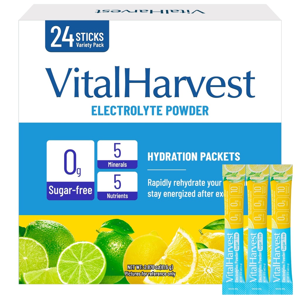 24 Sticks Electrolytes Powder Packets 7 Flavors Sugar Free Hydration Packets Liquid Daily IV Drink Mix, Low Sodium, Lemon Lime