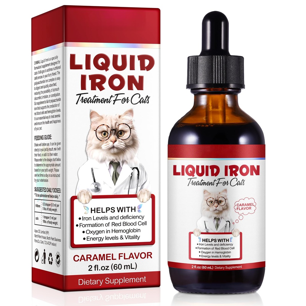 Flüssiges Eisen für Katzen, flüssige Eisen Tropfen für Katzen unterstützt Anämie, niedrige Enery Levels und Lethargy Katzen- Verbesserung Energie Levels & Vitalität, Pet liefert Cat Vitamin Supplement, Caramel Flavor - 2 fl.oz