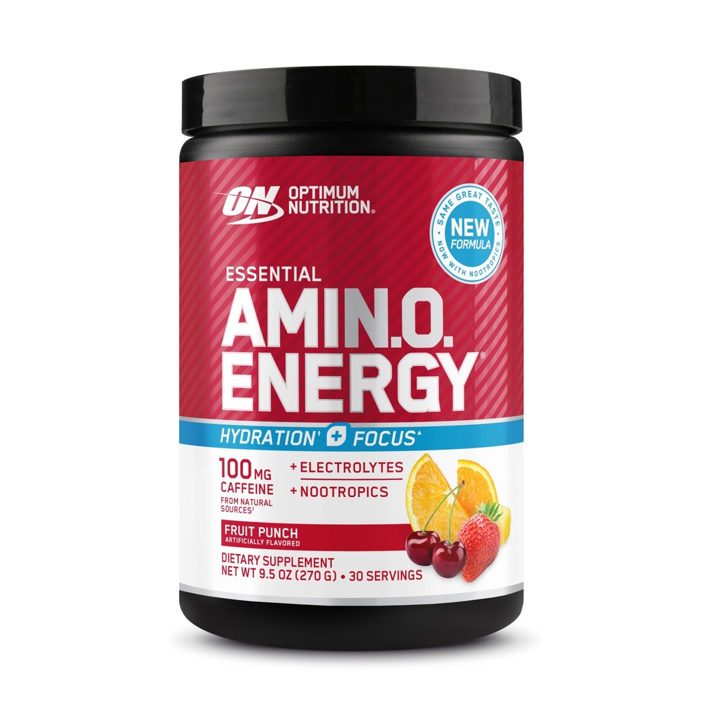 Optimum Nutrition Amino Energy Powder Plus Focus, with BCAA, Electrolytes, and Caffeine, Fruit Punch, 30 Servings (Packaging May Vary)