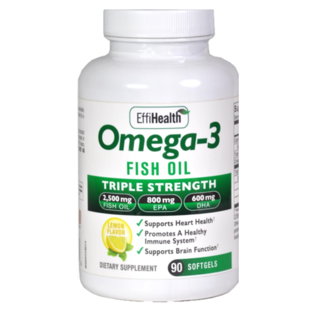 EffiHealth Omega-3 Fish Oil - Triple Strength 2500mg Fish Oil, 1200mg EPA, 600mg DHA - Supports Hearth Health, Brain health and Immune Support – Lemon Flavor, Burpless Fish Oil