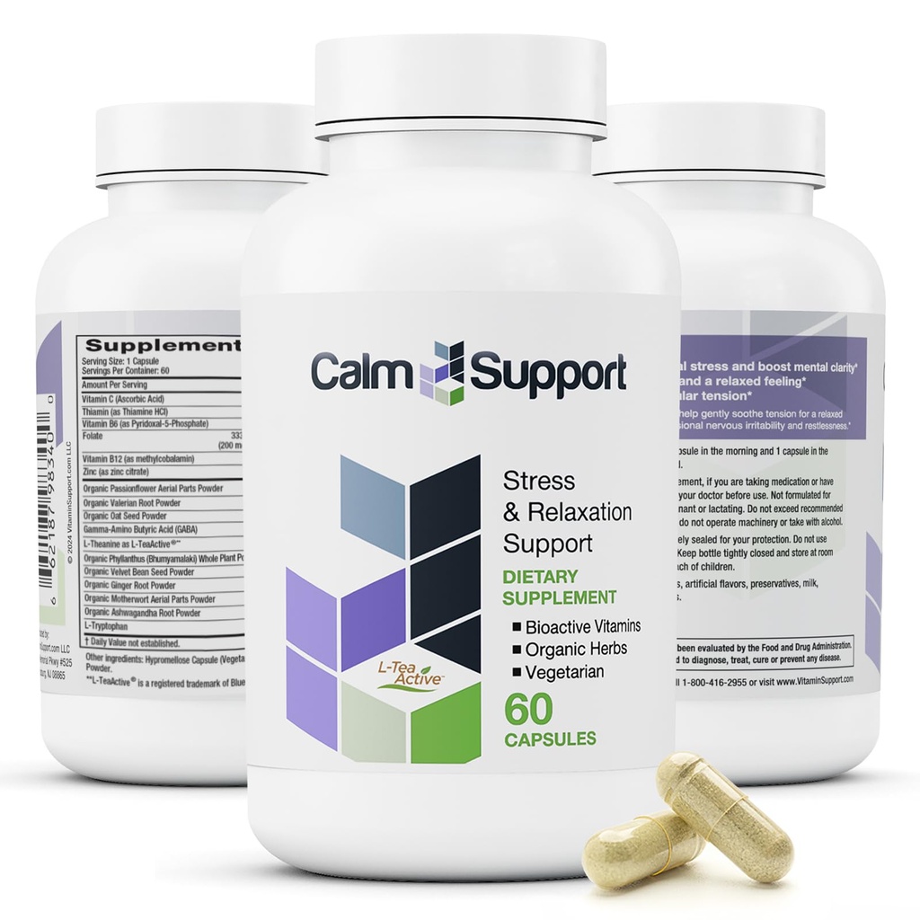 CalmSupport: Stress & Relaxation Support - Ashwagandha, Passion Flower, Valerian Root, Ginger, GABA, Velvet Bean, Mutterwort, Oat Seed, Phyllanthus, L-Theanine, L-Tryptophan, Folate, C,B1,B6,B12,Zinc