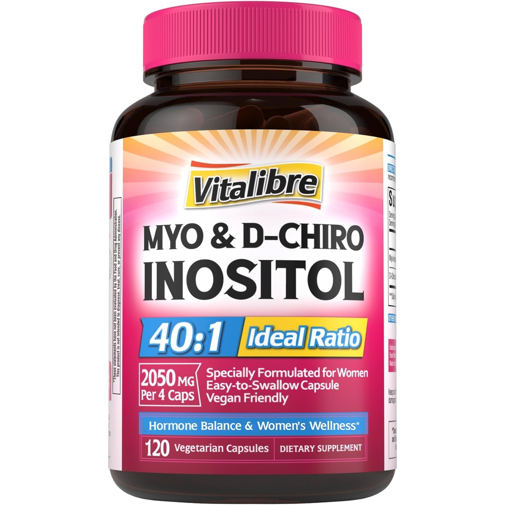 Inositol Supplement, Myo-Inositol & D-Chiro Inositol Fruchtbarkeit Ergänzungen für Frauen, 40:1 Ideale Ratio, Hormon Balance und Ovarian Unterstützung, 120 Vegan Kapseln