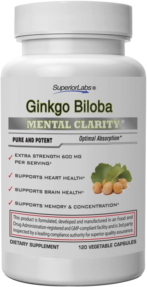 SuperiorLabs Ginkgo Biloba 1200 mg, Non-GMO, Schwarzer Pfeffer für erhöhte Absorption, Ginkgo-Extrakt, verbessert Gedächtnis und Fokus, Zirkulation Booster, natürliches Antioxidans Nootropic, 120 Veg Caps