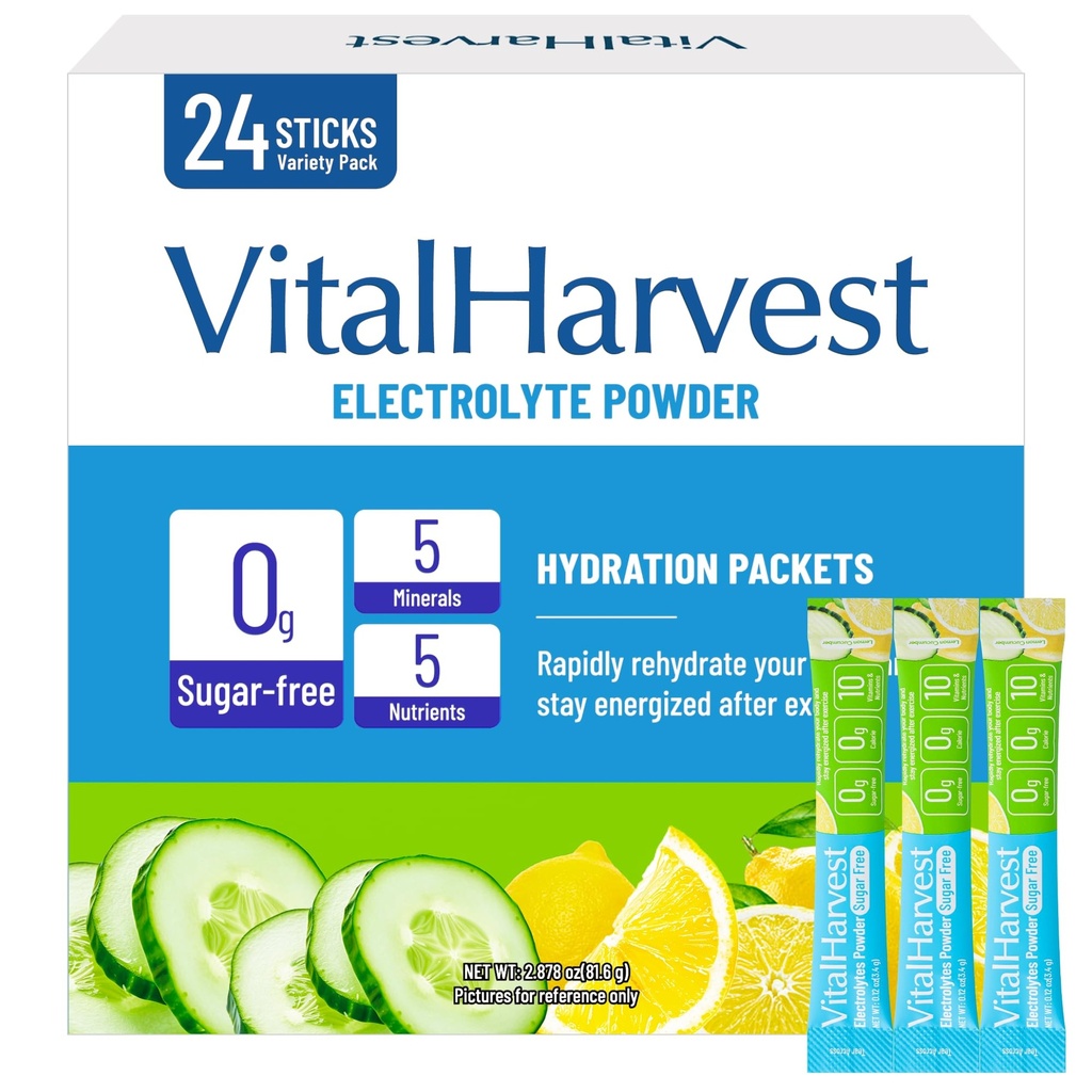 24 Sticks Electrolytes Powder Packets 7 Flavors Sugar Free Hydration Packets Liquid Daily IV Drink Mix, Low Sodium, Lemon Cucumber