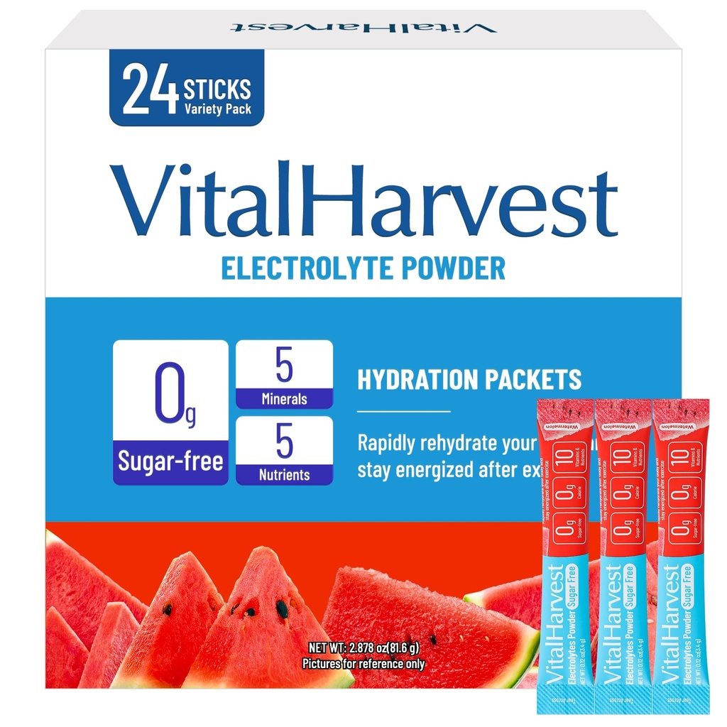 24 Sticks Electrolytes Powder Packets 7 Flavors Sugar Free Hydration Packets Liquid Daily IV Drink Mix, Low Sodium, Watermelon