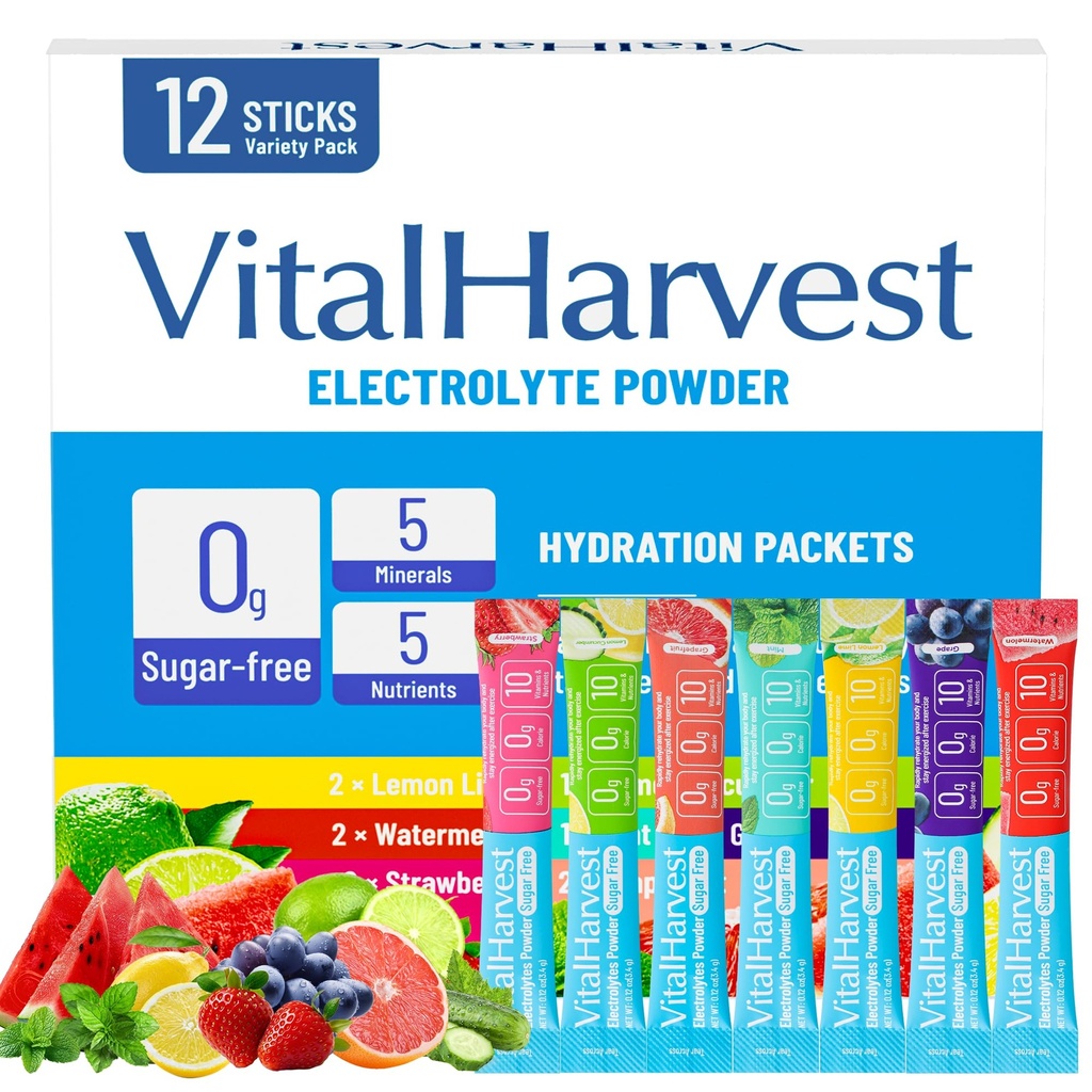 12 Sticks Electrolytes Powder Packets 7 Flavors Sugar Free Hydration Packets Liquid Daily IV Drink Mix, Low Sodium, Lemon Lime, Watermelon, Strawberry, Grape, Grapefruit, Lemon Cucumber, Mint