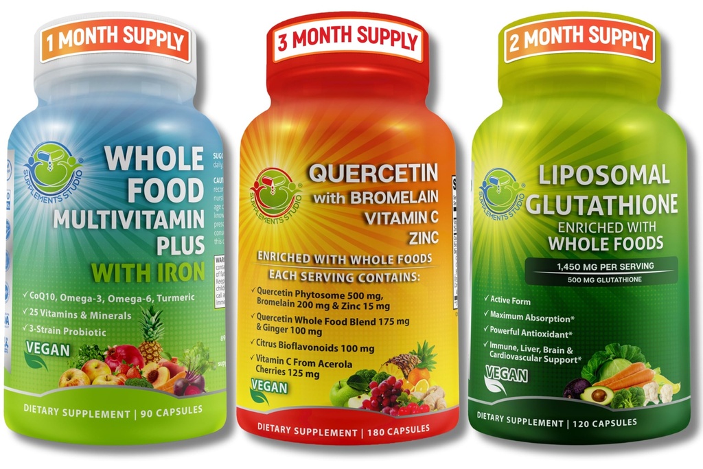 Immun- & Ganzkörper Wellness Bundle – Quercetin mit Bromelain + Ganzes Essen Multivitamin mit Eisen + Liposomale Glutathione 500mg – Antioxidans, Respiratory & Immun Support – Vegan, Non-GMO