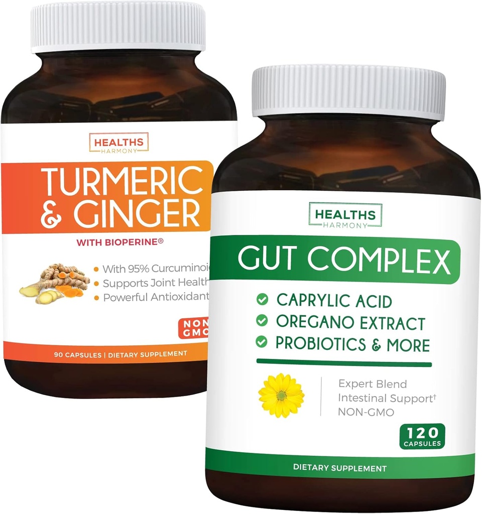 Sparen Sie $11 (23% Off) - Gut Balance Bundle - Gut Complex mit Caprylic Acid für Balanced Gut Health & Probiotic Support (120 Kapseln) & Turmeric & Ginger mit 95% Curcuminoids & Bioperine (90 Kapseln)