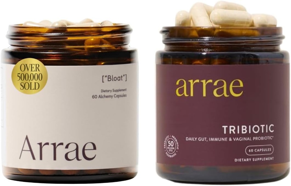 Arrae Bloat + Tribiotic Bundle, Bloating Relief Digestive Enzyme, Gas & Indigestion Relief, Probiotika für Frauen, Unterstützung für Vaginal pH Balance, Immune und Feminine Gesundheit, 60 Kapseln Jede