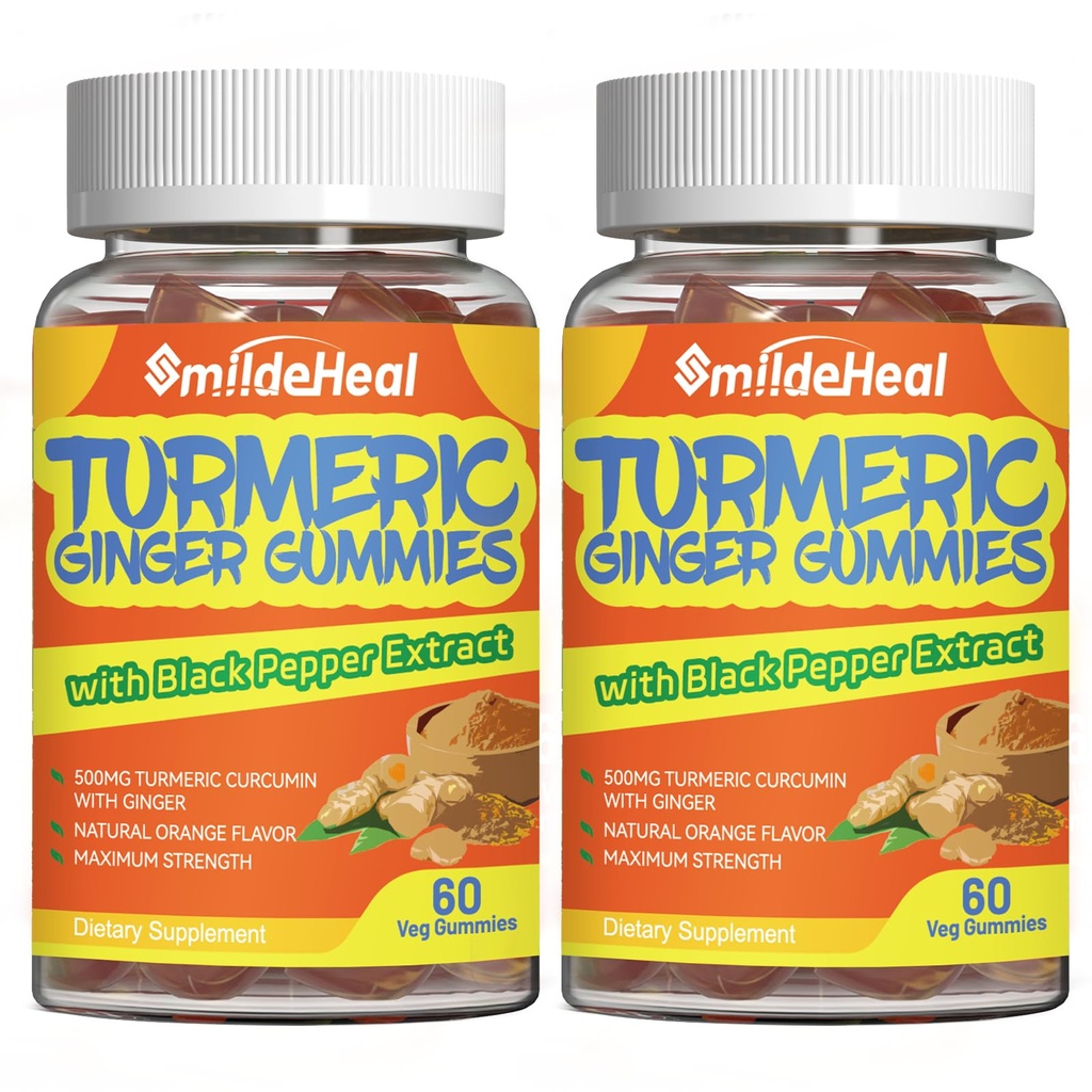 Gummies curcuma curcumina 500mg, con estratto di radice curcuma, radice di zenzero, estratto di pepe nero, supporto antiossidante, Gummie di sapore arancione, 60 conte (confezione di 2)