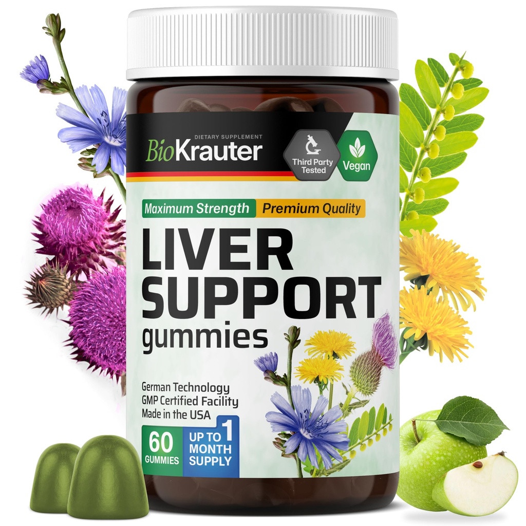 BIO KRAUTER Futtergummis - 60 Vegan Chews w/Milk Thistle, Dandelion Root for Liver Cleanse & Detox - 80% Silymarin
