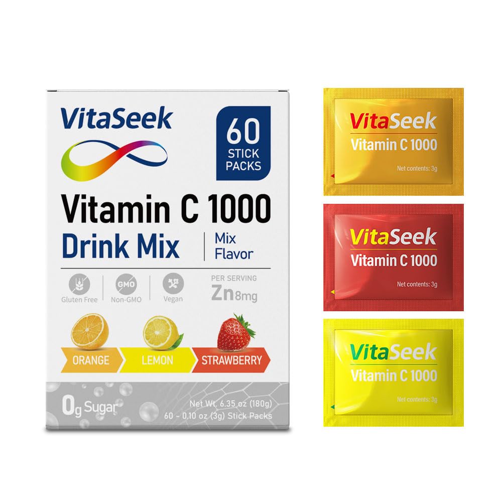 Vitamin C 1000mg Powder Packets Sugar Free Drink Mix Individual Serving Sticks Mixed Fruit Flavors Strawberry Lemon Orange On The Go Immune Support for Adults 60 Count