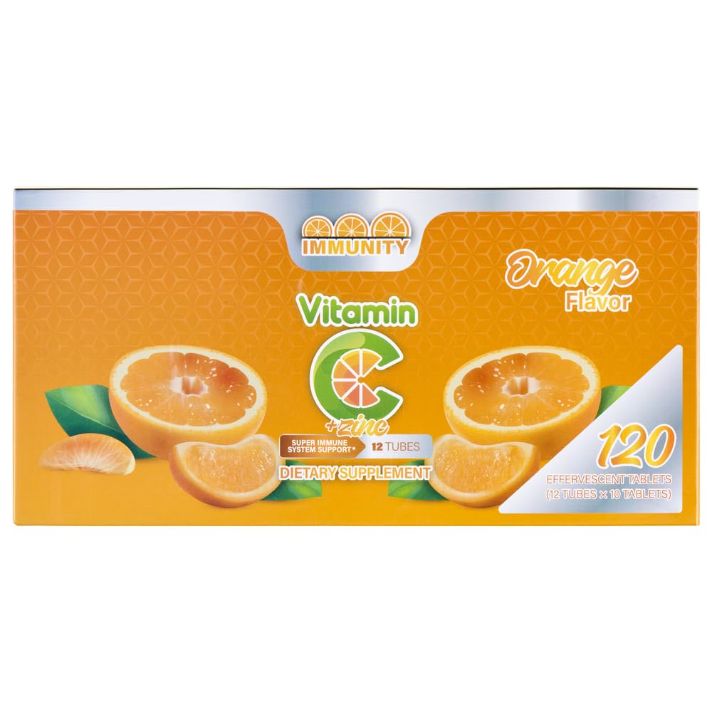 Vitamin C + Zinc Effervescent Tablets – Immune Support Supplement with Orange Flavor – 120 Count (12 Tubes) – Daily Wellness, On-The-Go