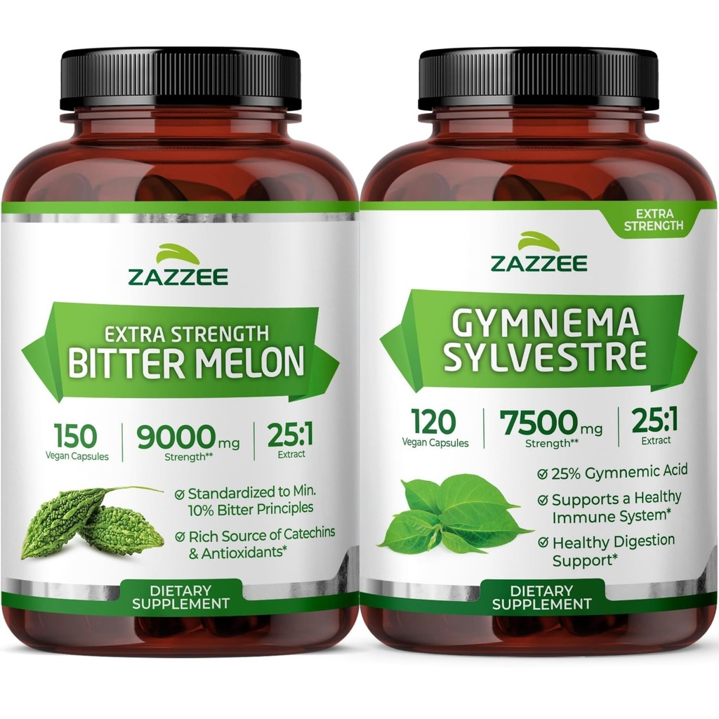 Zazzee Herbal GlucoBalance Support Bundle | Super Concentrated Bitter Melon and Organic Gymnema Sylvestre Extract Capsules | Non-GMO Gluten Free Vegan & ISO Lab Tested
