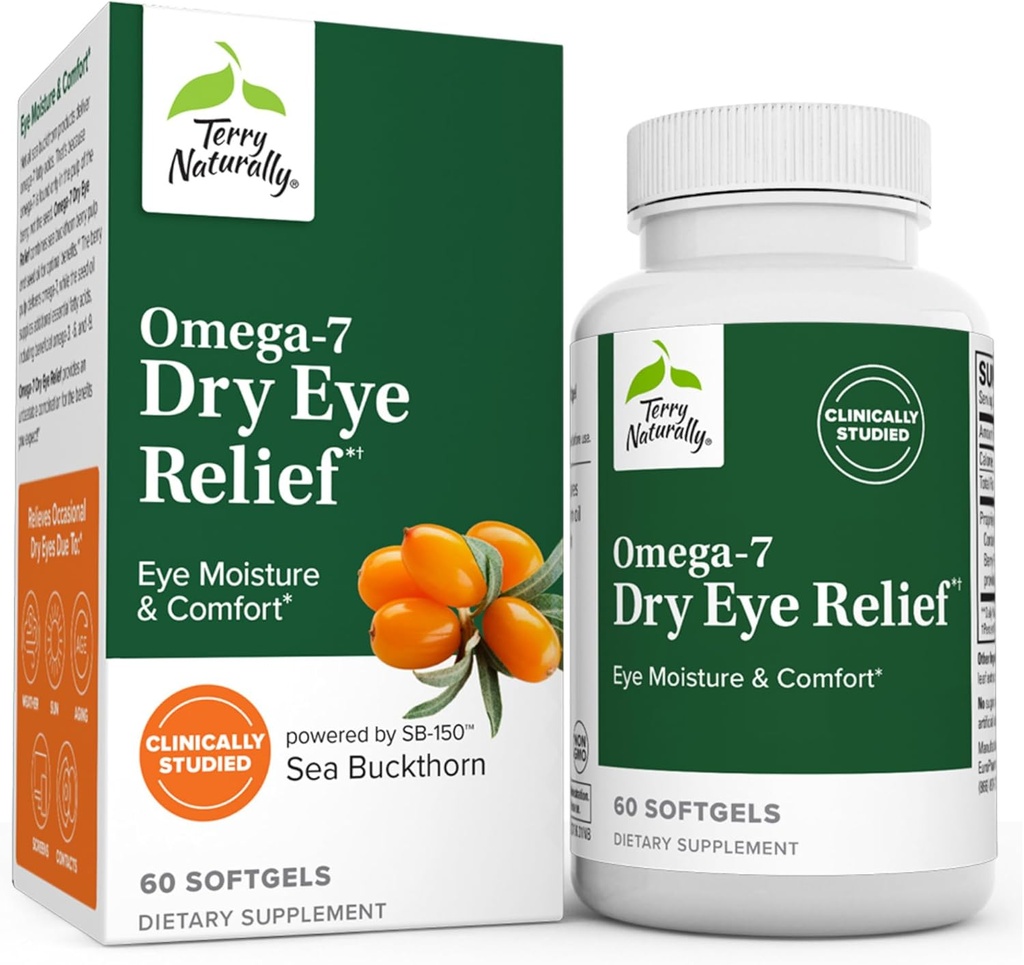 Terry Naturally Omega-7 Sec Eye Relief - 60 Softgels - Humidité des yeux et confort - Non-OGM, sans gluten - 60 portions