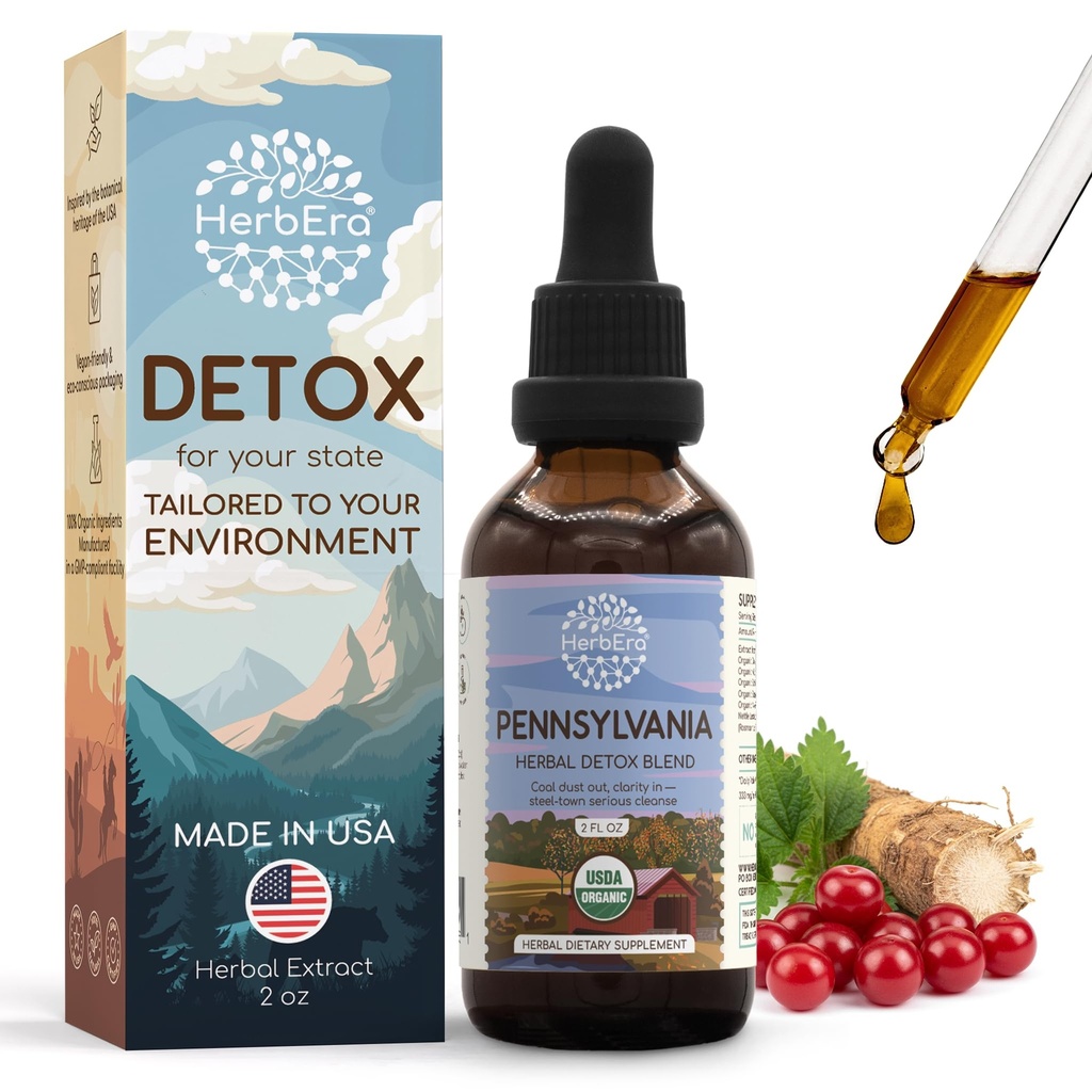 HerbEra Pennsylvania Herbal Detox Blend - USDA Organic Extract, Made in USA | Immune & Liver Support Liquid Drops | Dandelion Root, Milk Thistle, Noni, Sarsaparilla, Schisandra | 2 fl oz