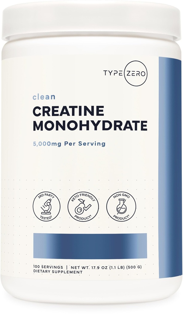 Typ Zero Creatine Monohydrat Pulver (Unflavored | 500g), 5000 mg pro Servieren, Micronized, Zero Sugar, Keto Friendly & Glutenfrei, 100 Servierungen
