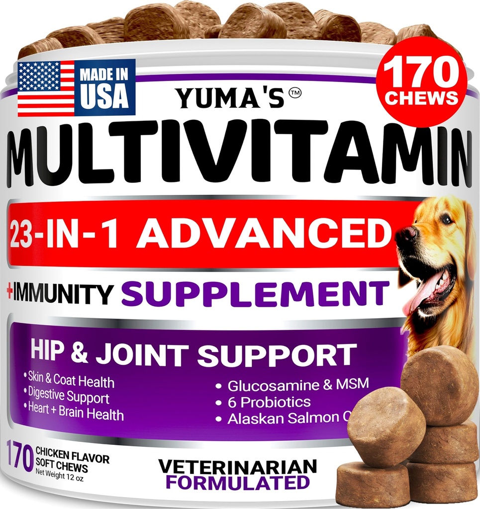 Cane Multivitaminico Masticabile con Glucosamina - Vitamine e Integratori Cani - 170 Trattamenti - Senior & Puppy Multivitamin per Cani - Hip & Joint Support - Salute Immune, Pelle, Cuore, Digestione, Probiotici