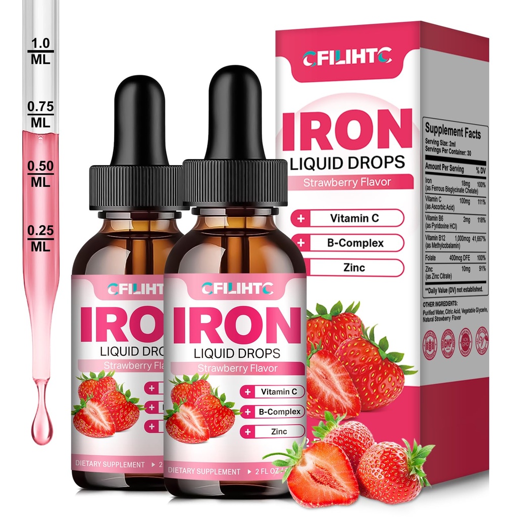 Flüssige Eisen-Ergänzung für Frauen Männer & Kinder Multivitamin Eisen Tropfen mit Folat, Vitamin C, B6, B12, Zink für Anämie, Eisenmangel, Blut Builder, Energie - Natürliche Erdbeeren Geschmack, Vegan 4 Fl Oz