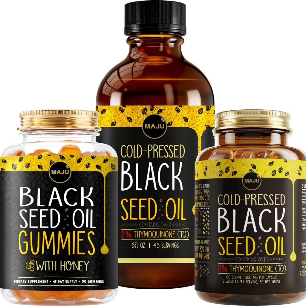 Maju Superfoods Black Seed Oil 3-in-1 Bundle, Gummie, Kapseln, &amp; Flüssigkeit