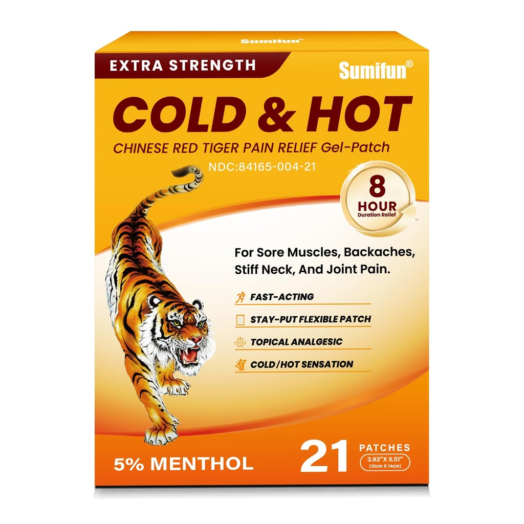Sumifun Tiger Pain Relief Patches – 5% Menthol Chinese Red Tiger Back Patch Fast-Acting & Long-Lasting Cooling Therapy for Back, Knee & Joint Pain (Large, Count, 21)