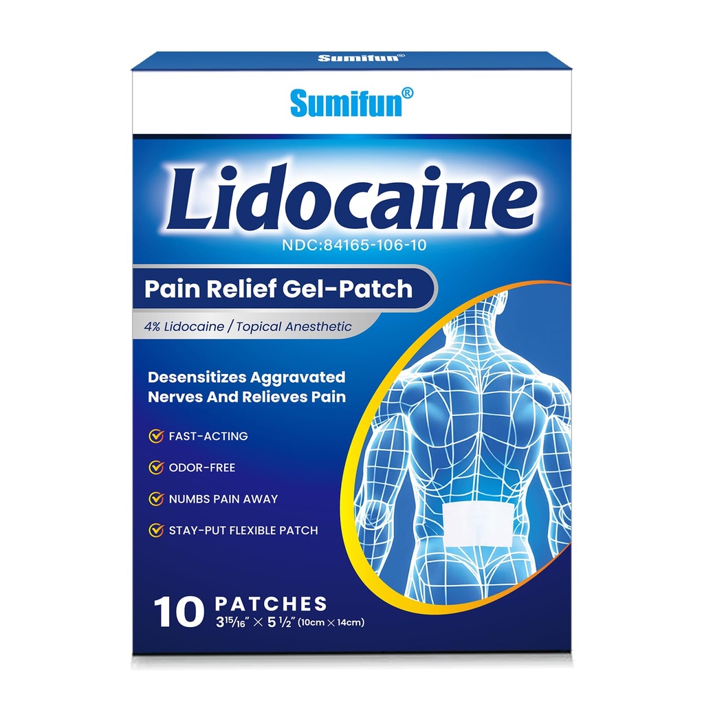 Sumifun 4% Lidocaine Pain Patches - Maximum OTC Strength Pain Relief for Lower Back Pain, Neck Sore, Joint Pain - Fast Acting & Long Lasting 8 Hours, 10 Counts
