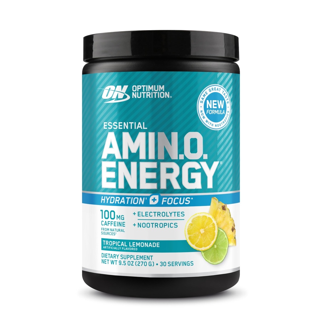Optimum Nutrition Amino Energy Powder Plus Focus, with BCAA, Electrolytes, and Caffeine, Tropical Lemonade, 30 Servings (Packaging May Vary)