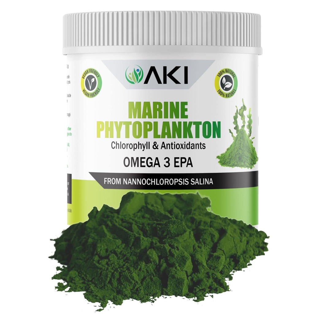 AKI poudre de phytoplancton marin - Source d'oméga brut-3 EPA Microalgue Nannochloropsis - Protéines à base de plantes, vitamines pour le bien-être général - Source de protéines complète, végétalien et sans OGM (2oz/57g)
