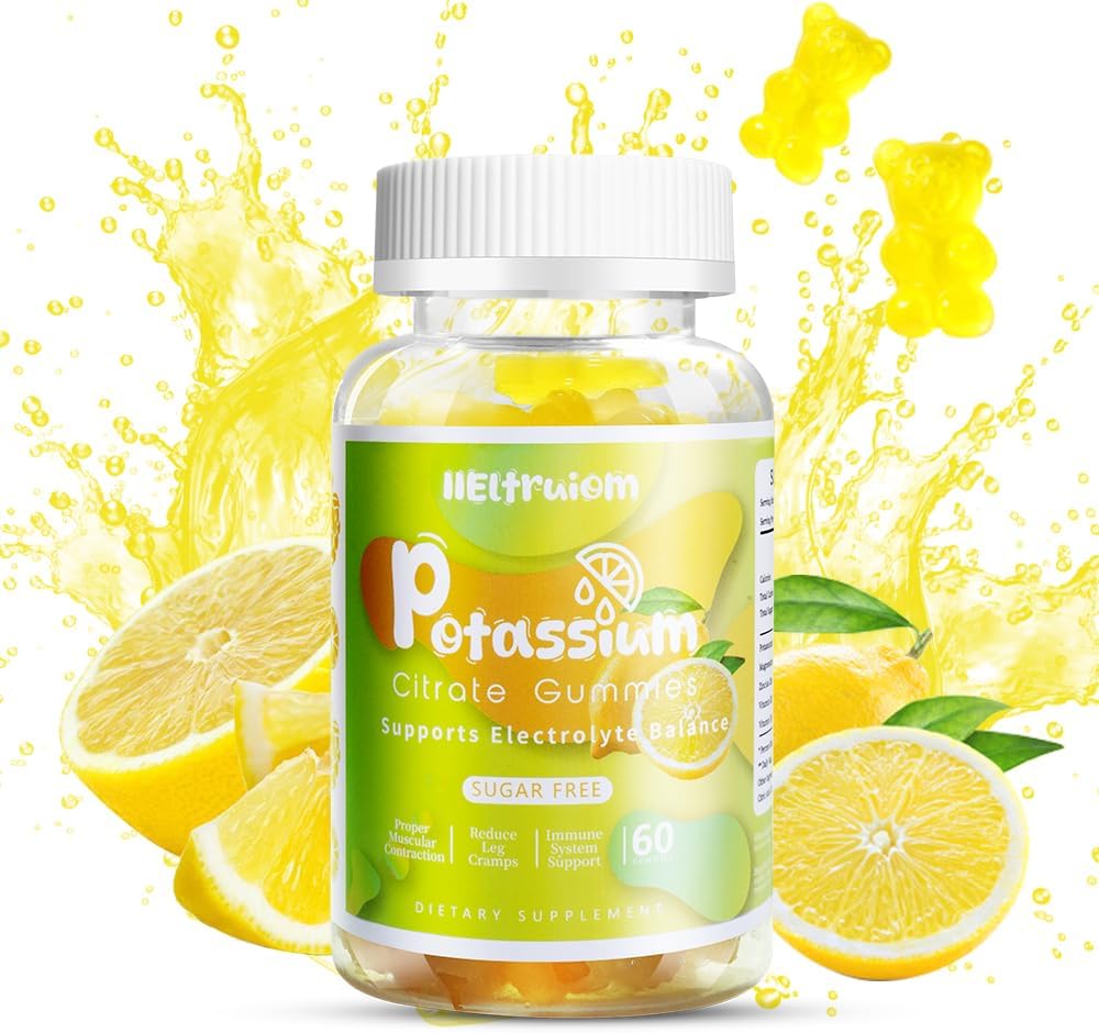 Gommies de citrate de potassium, Gommies de magnésium de potassium, 600mg Supplément de potassium pour les crampes de jambes et les muscles, Glycine de magnésium, Pas de sucre