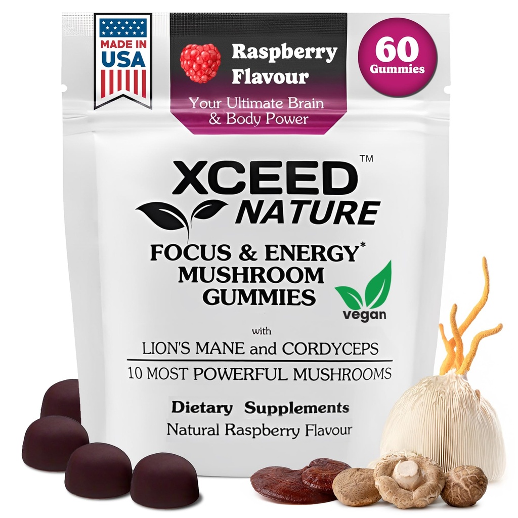 Lions Mane & Cordyceps Mushroom Gummi - 10in1 Beilage - für Fokus, Energie, Stimmung, Gedächtnis & Klarheit - 60 Stk