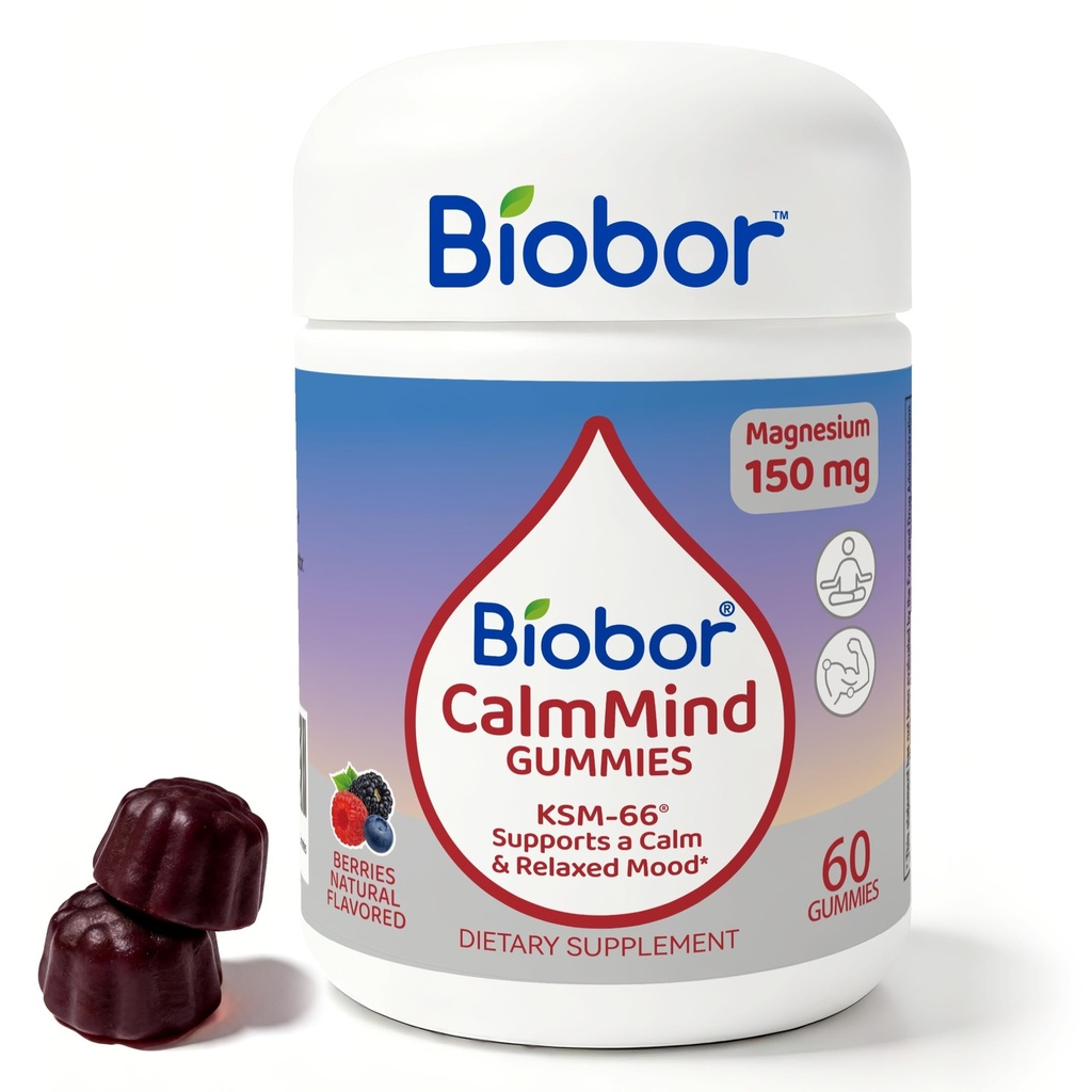 Biobor 4 in 1 CalmMind Magnesium Gummies with Ashwagandha, Triple Magnesium Complex (Citrate, Glycinate & Malate), Calm & Stress Support, GMP Certified & COA Tested, Vegetarian, Mixed Berry, 60 Count